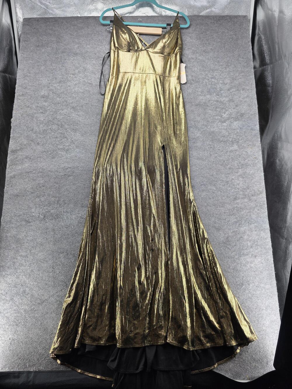 GB Dress Juniors 13 Gold Metallic V Neck Maxi Mermaid Gown Prom Evening Slit